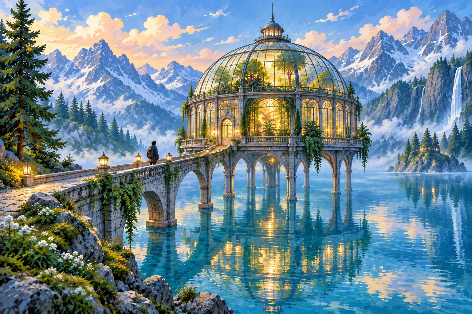 同一座湖畔观测站的绘本插画变体,以明亮色彩与手绘笔触呈现穹顶、石桥和雪山。